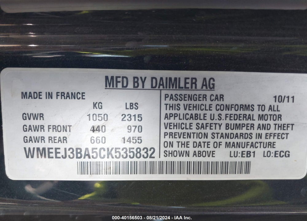 2012 SMART FORTWO PASSION/PURE VIN: WMEEJ3BA5CK535832