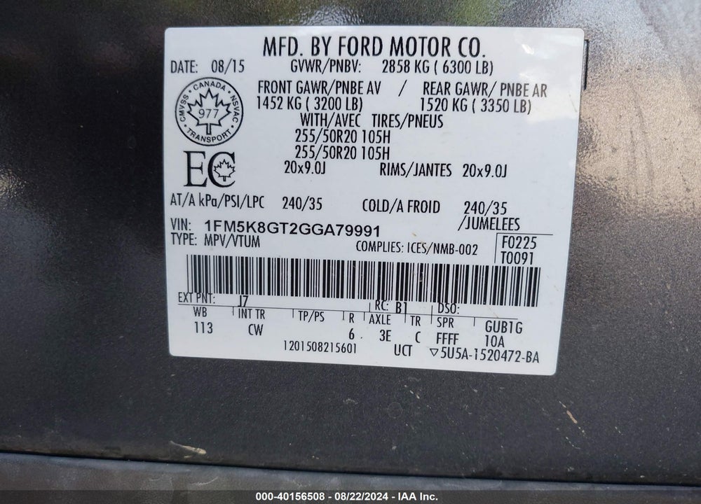 2016 FORD EXPLORER SPORT VIN: 1FM5K8GT2GGA79991