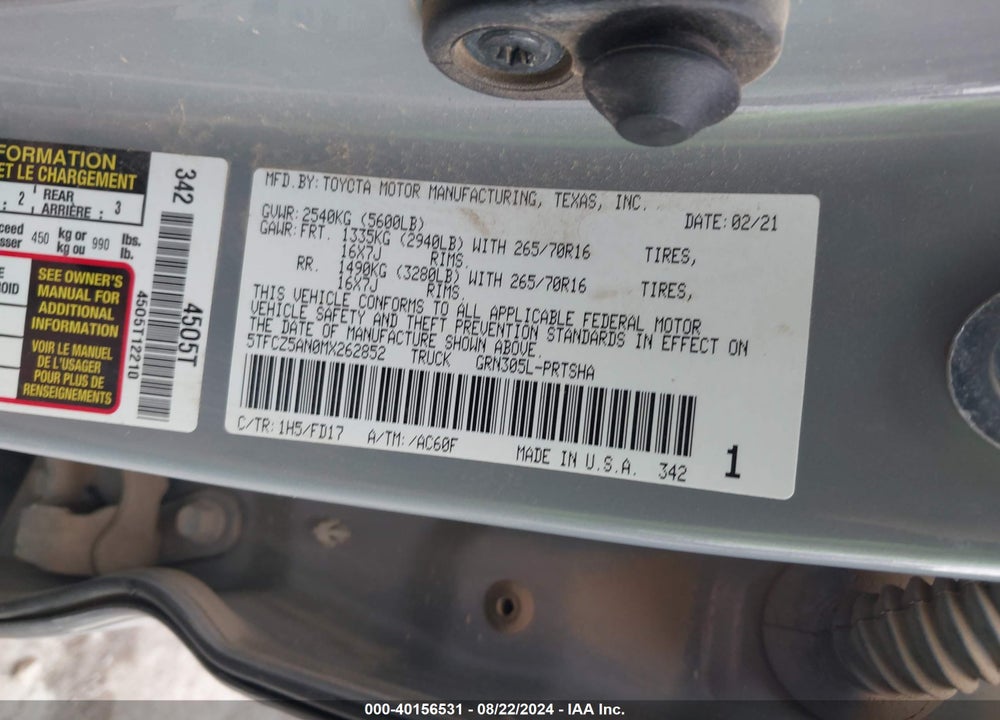 2021 TOYOTA TACOMA TRD OFF ROAD VIN: 5TFCZ5AN0MX262852