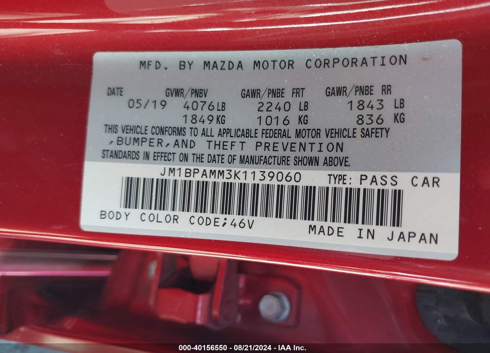 2019 MAZDA 3 PREFERRED PACKAGE VIN: JM1BPAMM3K1139060