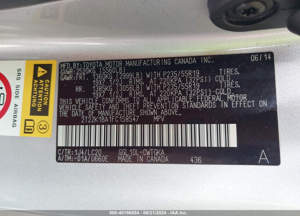 2015 LEXUS RX 350 VIN: 2T2ZK1BA1FC158547