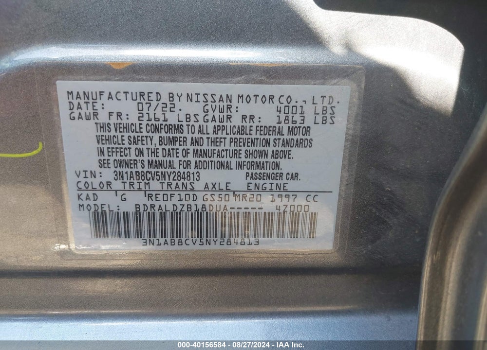 2022 NISSAN SENTRA SV XTRONIC CVT VIN: 3N1AB8CV5NY284813