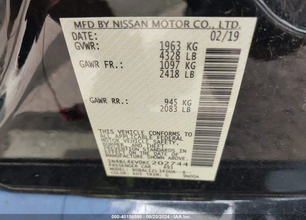 2019 NISSAN ALTIMA 2.5 SL VIN: 1N4BL4EV0KC202744