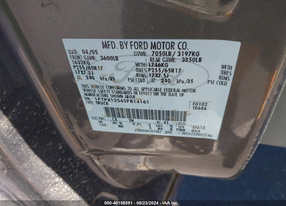 2005 FORD F-150 LARIAT/XL/XLT VIN: 1FTPX12545FB14161