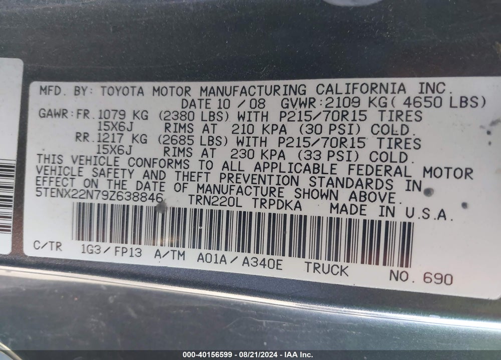 2009 TOYOTA TACOMA VIN: 5TENX22N79Z638846