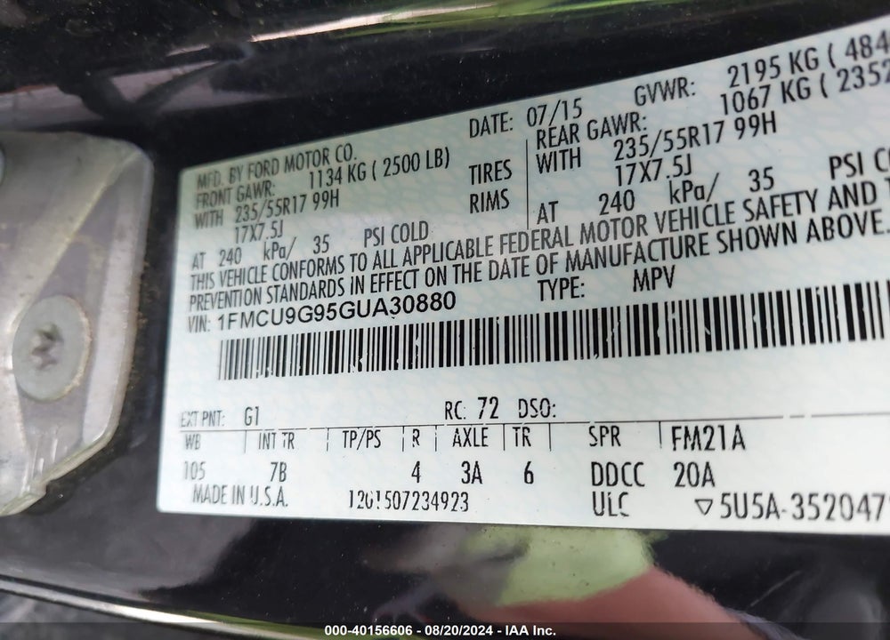 2016 FORD ESCAPE SE VIN: 1FMCU9G95GUA30880