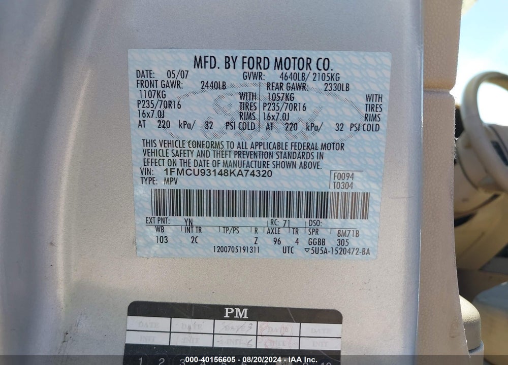 2008 FORD ESCAPE XLT VIN: 1FMCU93148KA74320