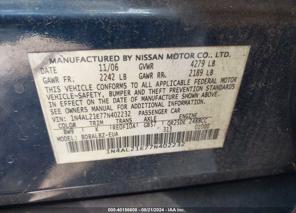 2007 NISSAN ALTIMA VIN: 1N4AL21E77N402232