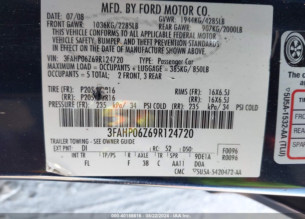 2009 FORD FUSION S VIN: 3FAHP06Z69R124720
