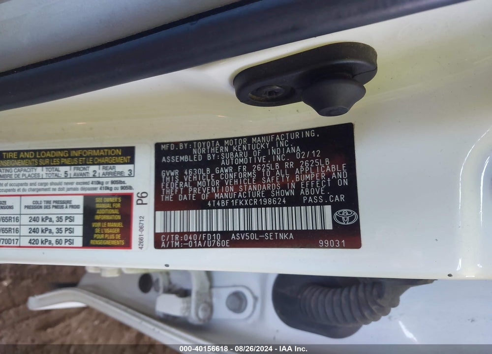 2012 TOYOTA CAMRY LE VIN: 4T4BF1FKXCR198624