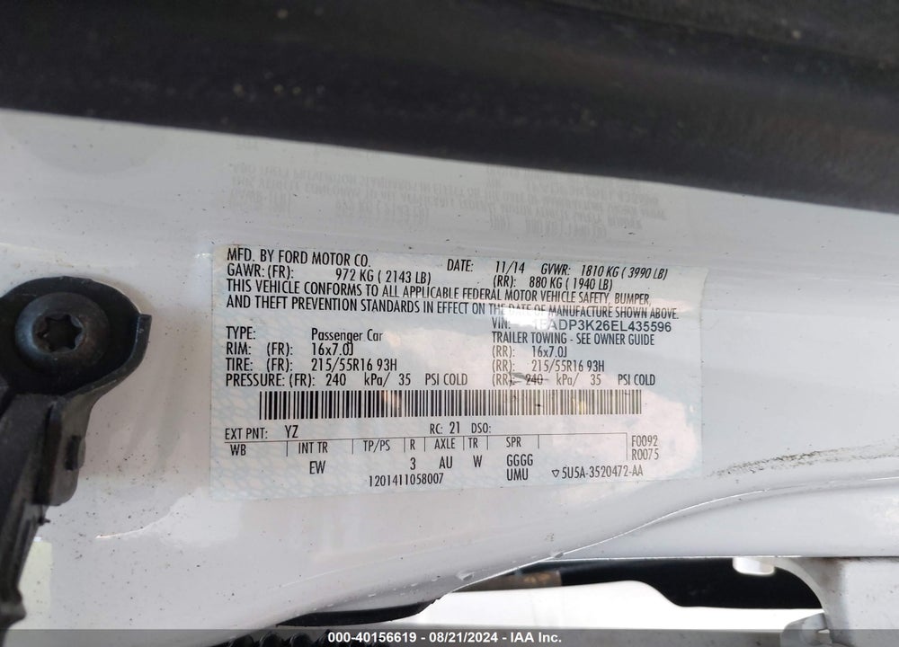 2014 FORD FOCUS VIN: 1FADP3K26EL435596