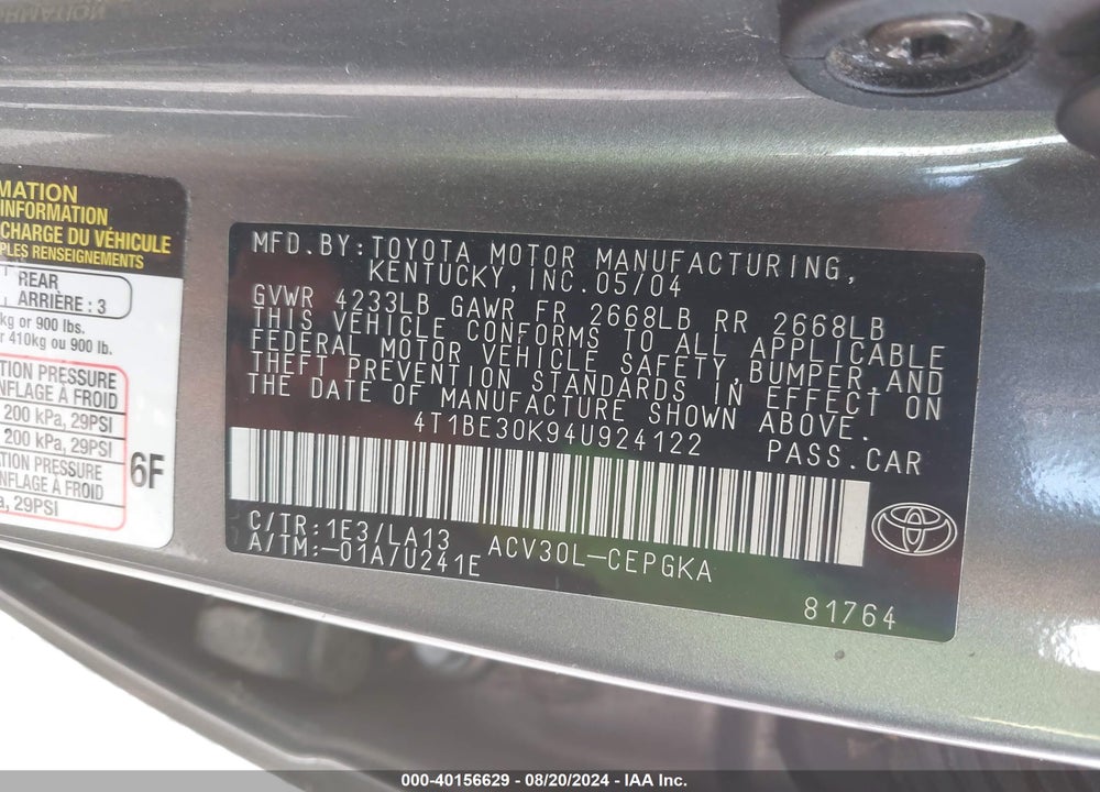 2004 TOYOTA CAMRY XLE VIN: 4T1BE30K94U924122