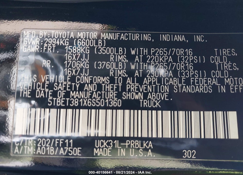 2006 TOYOTA TUNDRA LIMITED V8 VIN: 5TBET381X6S501360