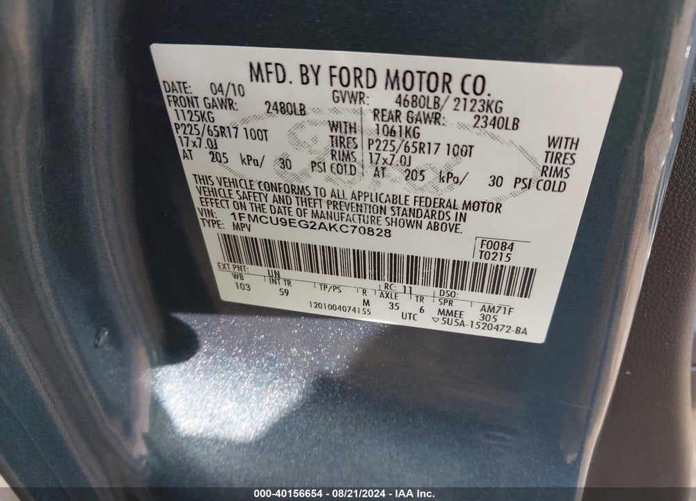2010 FORD ESCAPE LIMITED VIN: 1FMCU9EG2AKC70828