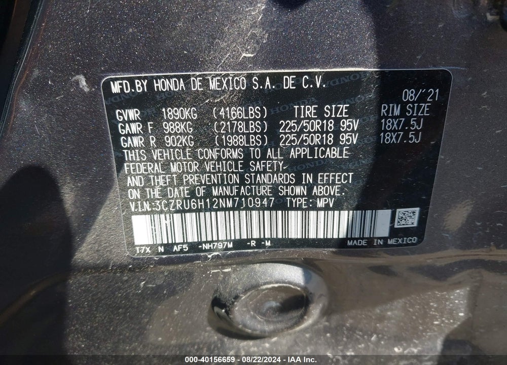 2022 HONDA HR-V AWD SPORT VIN: 3CZRU6H12NM710947