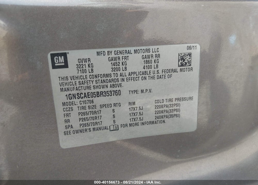 2011 CHEVROLET TAHOE LS VIN: 1GNSCAE05BR353760