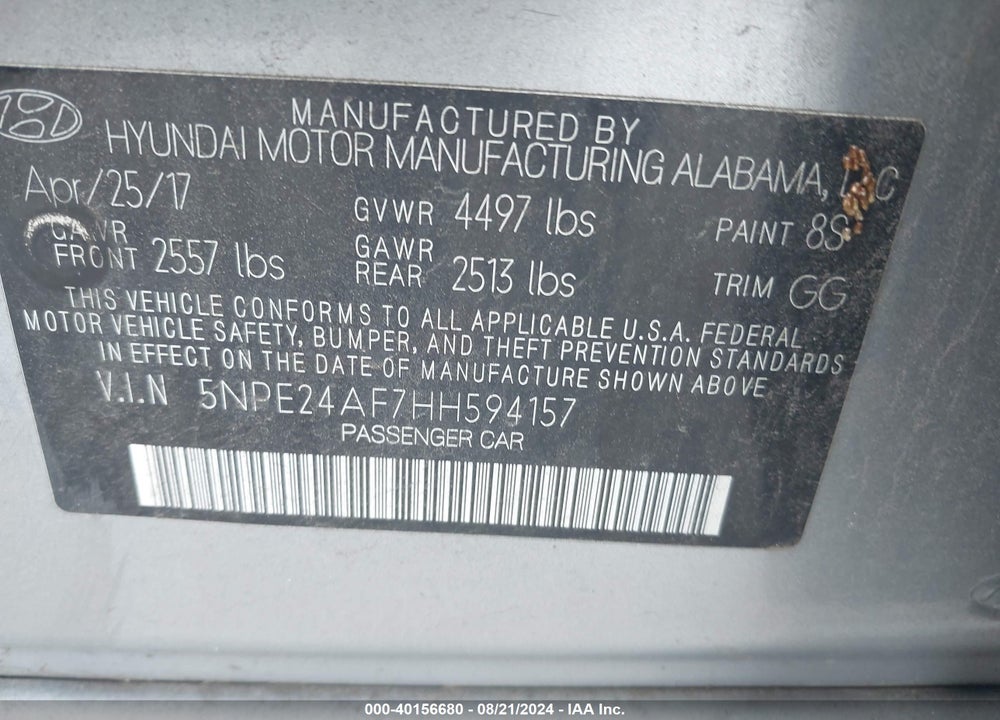 2017 HYUNDAI SONATA VIN: 5NPE24AF7HH594157