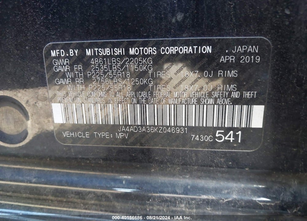 2019 MITSUBISHI OUTLANDER SE VIN: JA4AD3A36KZ046931