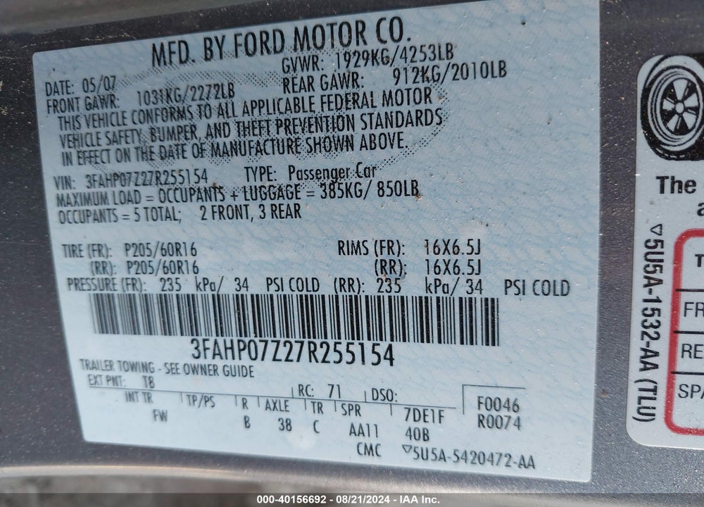 2007 FORD FUSION SE VIN: 3FAHP07Z27R255154