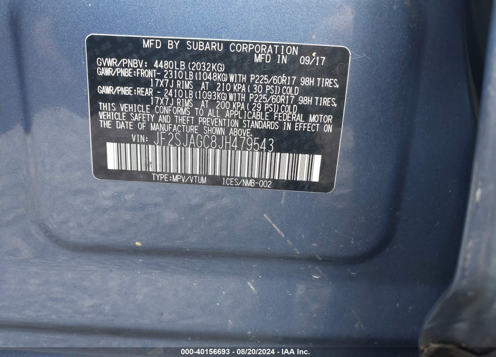 2018 SUBARU FORESTER 2.5I PREMIUM VIN: JF2SJAGC8JH479543