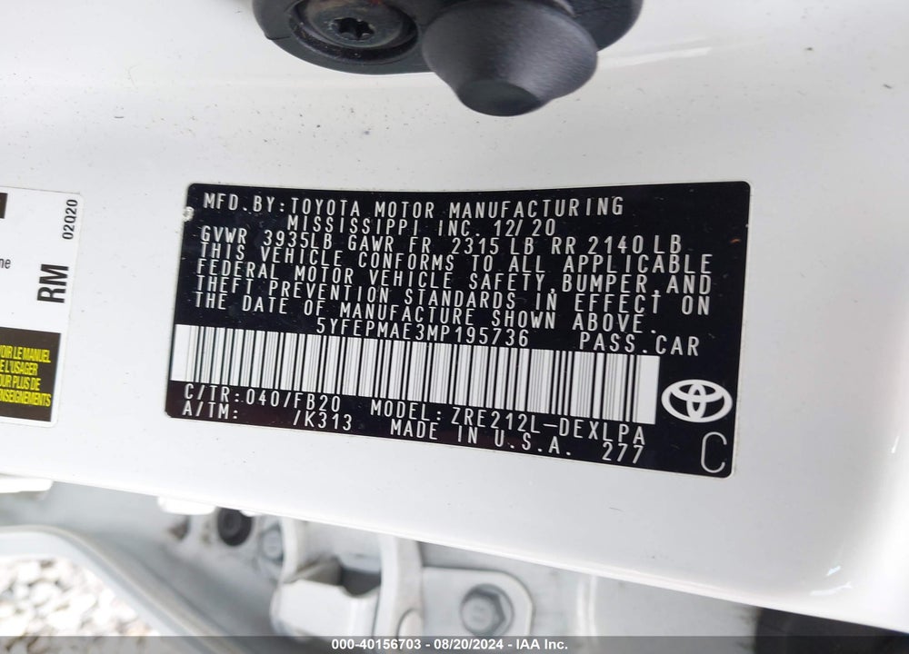 2021 TOYOTA COROLLA LE VIN: 5YFEPMAE3MP195736