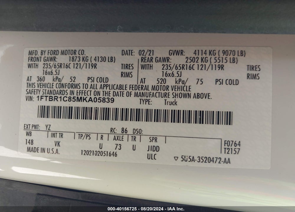 2021 FORD TRANSIT-250 VIN: 1FTBR1C85MKA05839