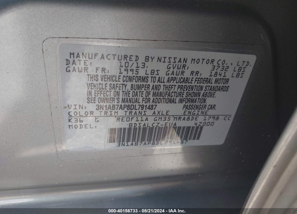 2013 NISSAN SENTRA S VIN: 3N1AB7AP8DL791487