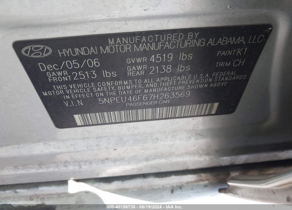 2007 HYUNDAI SONATA LIMITED/SE V6 VIN: 5NPEU46F67H263569