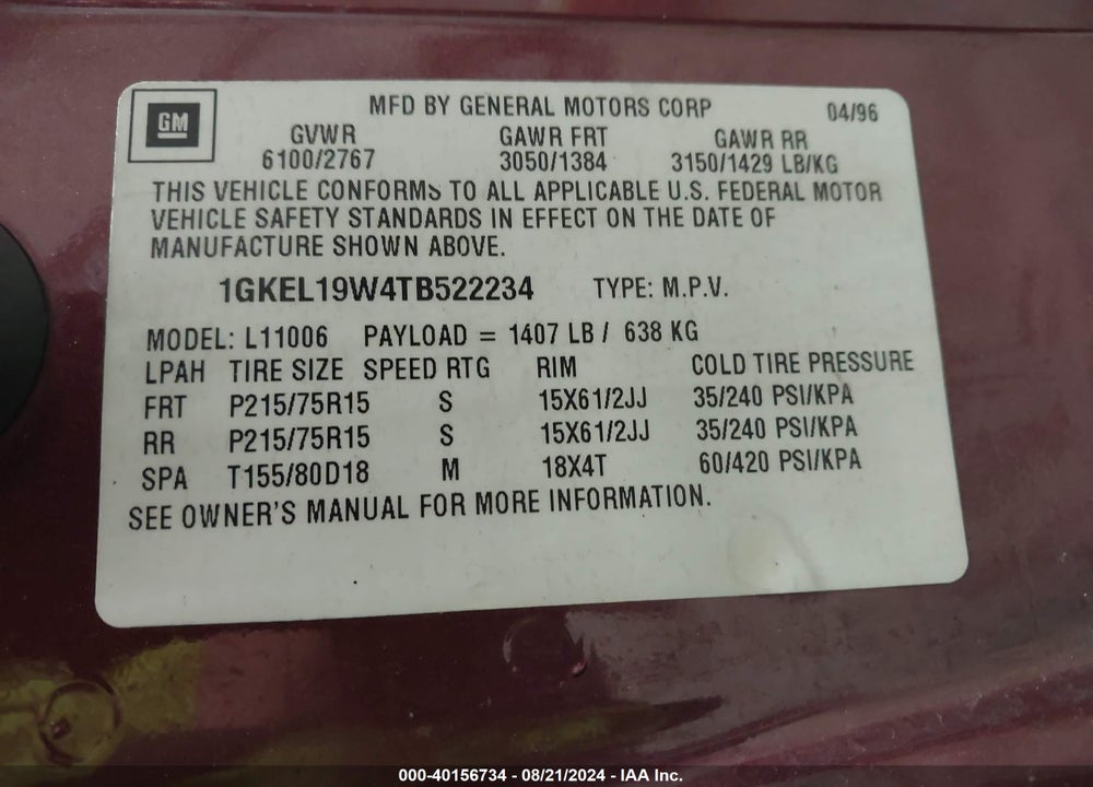 1996 GMC SAFARI XT VIN: 1GKEL19W4TB522234