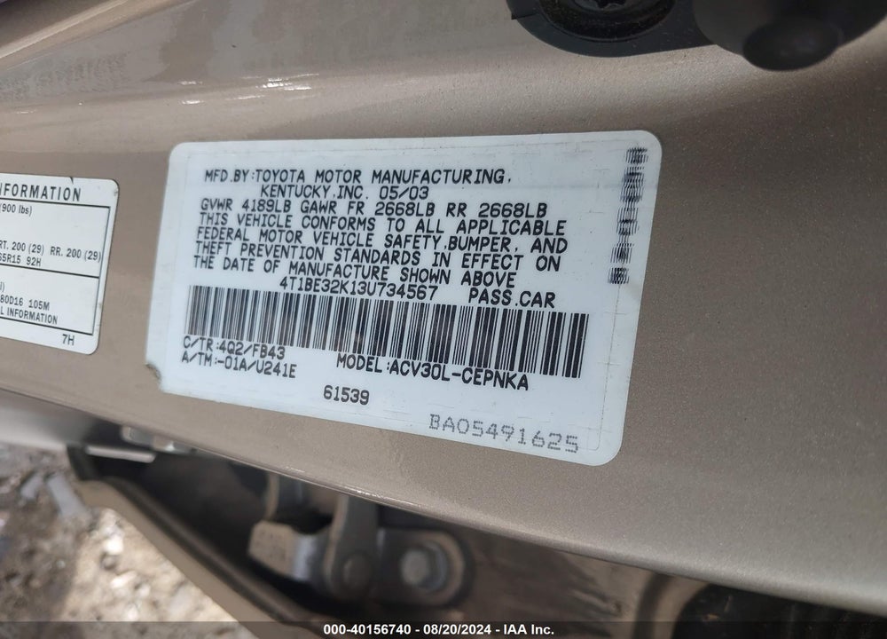 2003 TOYOTA CAMRY LE VIN: 4T1BE32K13U734567
