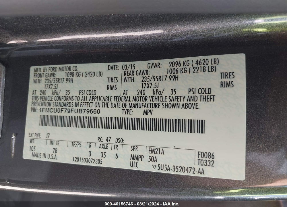2015 FORD ESCAPE S VIN: 1FMCU0F79FUB79660