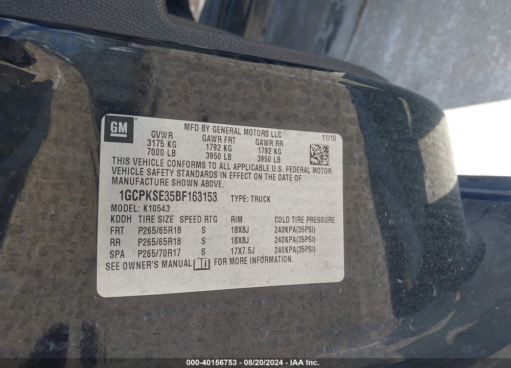 2011 CHEVROLET SILVERADO 1500 LT VIN: 1GCPKSE35BF163153