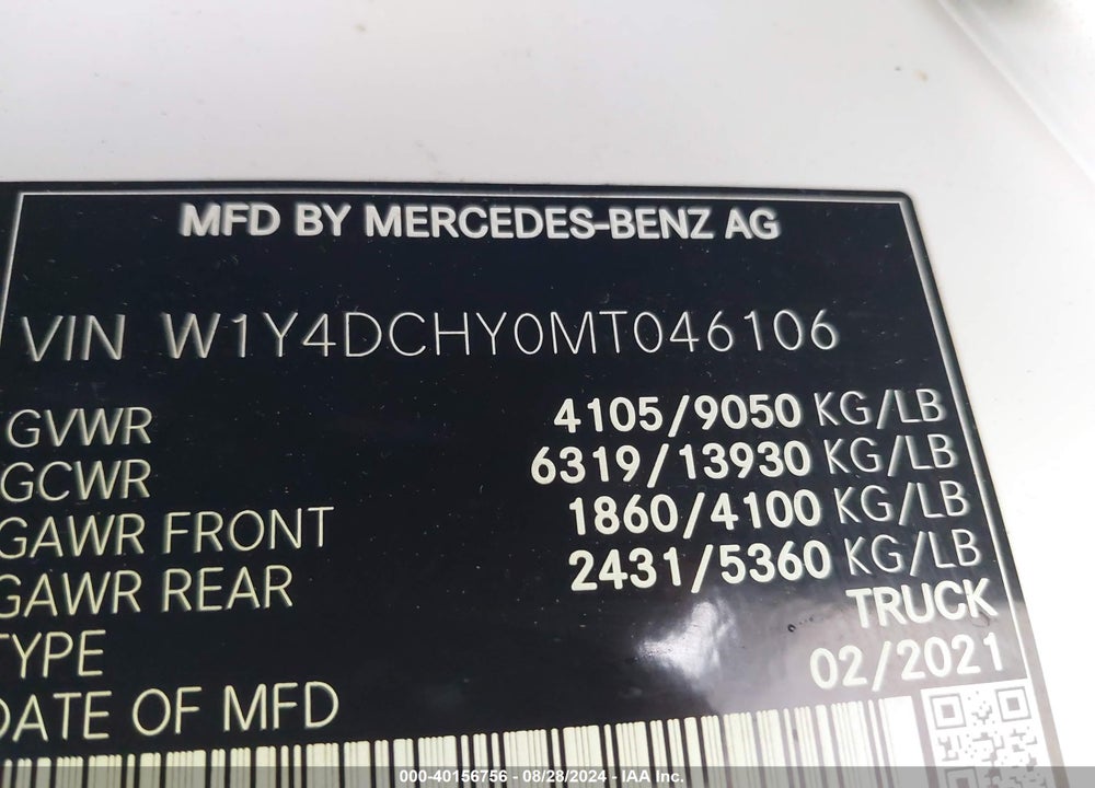 2021 MERCEDES-BENZ SPRINTER 2500 HIGH ROOF I4 DIESEL VIN: W1Y4DCHY0MT046106