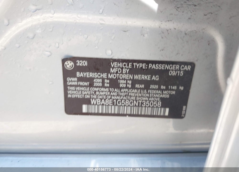 2016 BMW 320I VIN: WBA8E1G58GNT35058