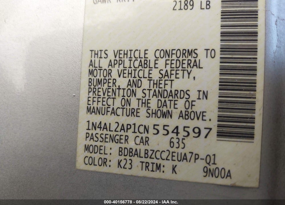 2012 NISSAN ALTIMA 2.5 S VIN: 1N4AL2AP1CN554597