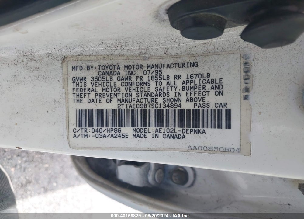 1995 TOYOTA COROLLA LE/DX VIN: 2T1AE09B7SC134894