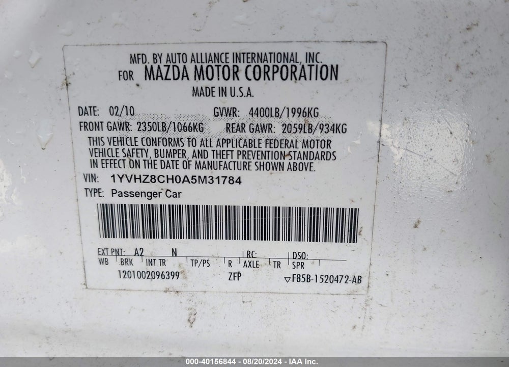 2010 MAZDA 6 I TOURING PLUS VIN: 1YVHZ8CH0A5M31784