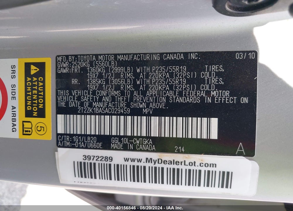 2010 LEXUS RX 350 VIN: 2T2ZK1BA5AC029459
