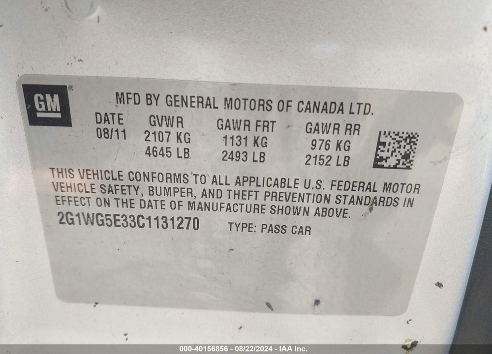 2012 CHEVROLET IMPALA LT VIN: 2G1WG5E33C1131270