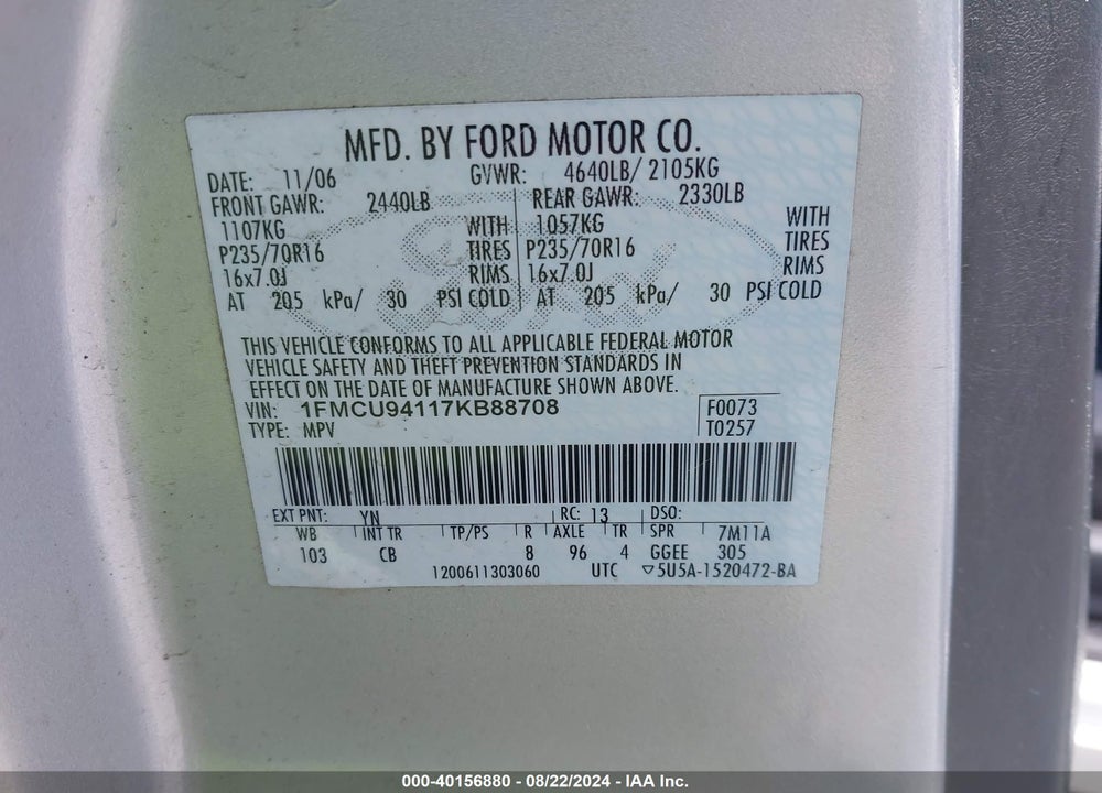 2007 FORD ESCAPE LIMITED VIN: 1FMCU94117KB88708
