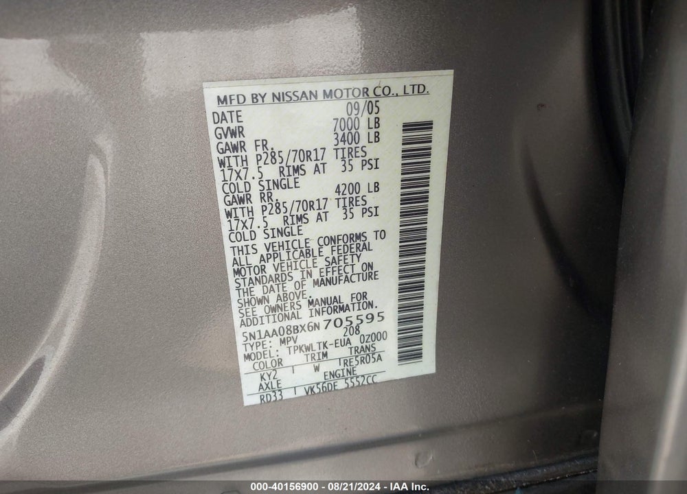 2006 NISSAN ARMADA VIN: 5N1AA08BX6N705595