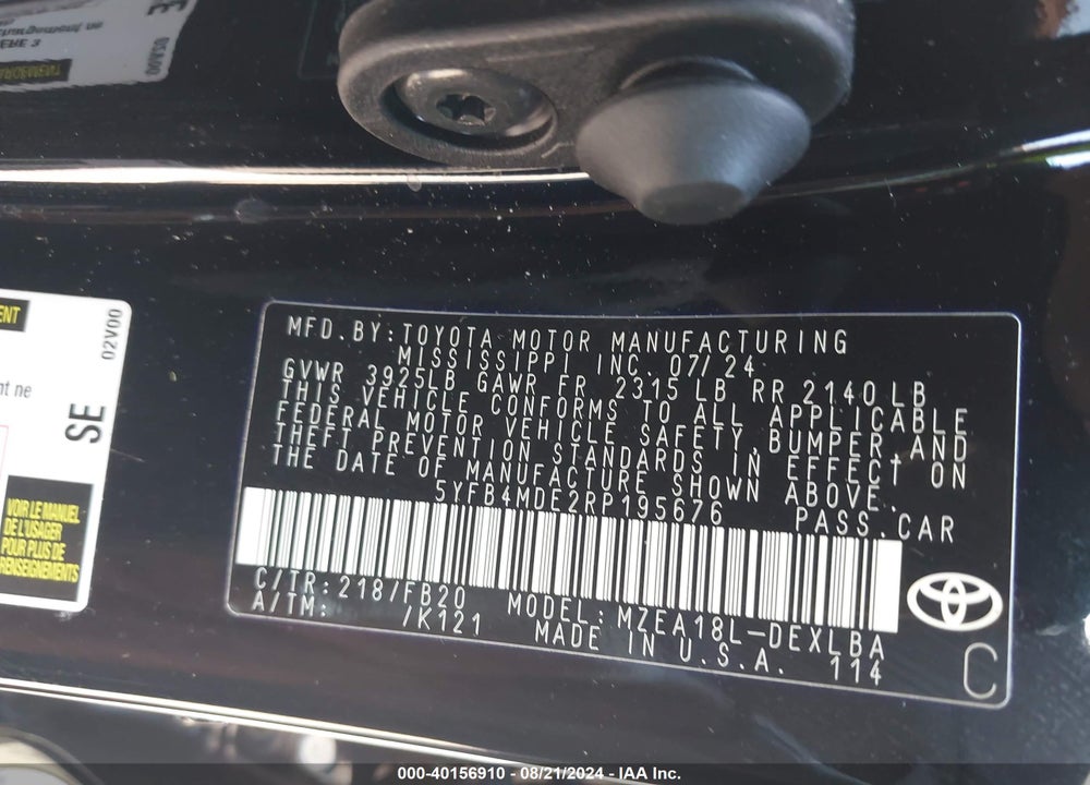 2024 TOYOTA COROLLA LE VIN: 5YFB4MDE2RP195676