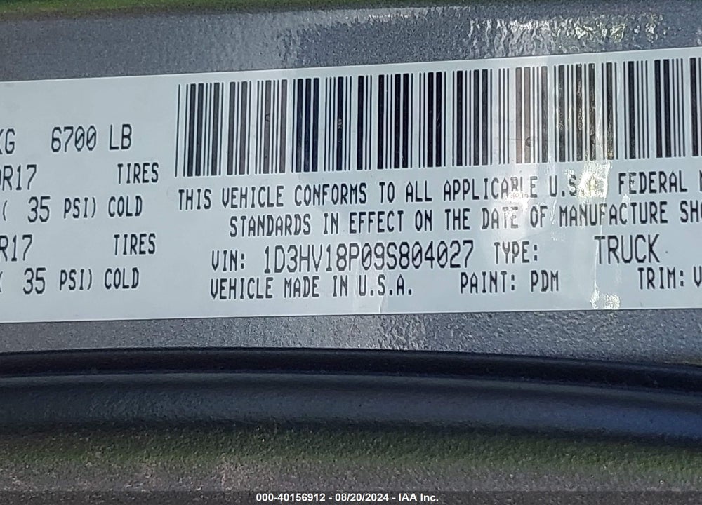 2009 DODGE RAM 1500 VIN: 1D3HV18P09S804027