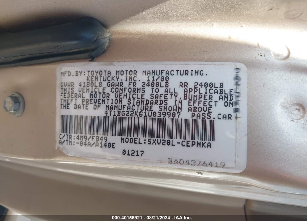 2001 TOYOTA CAMRY LE VIN: 4T1BG22K61U039907
