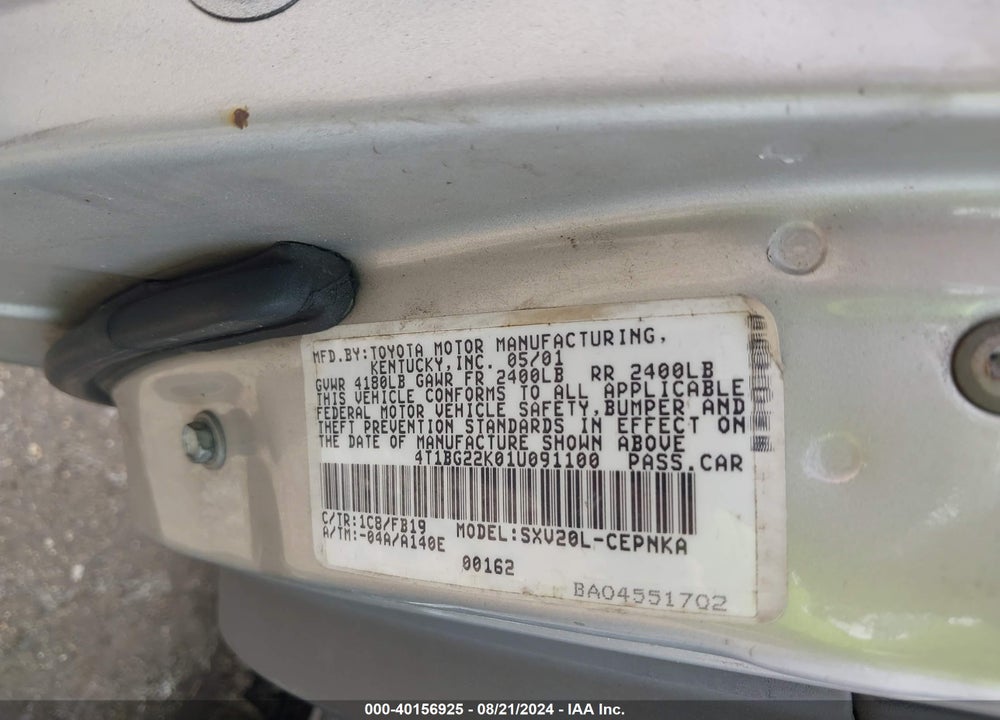 2001 TOYOTA CAMRY LE VIN: 4T1BG22K01U091100