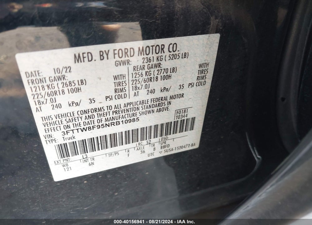 2022 FORD MAVERICK LARIAT VIN: 3FTTW8F95NRB10985
