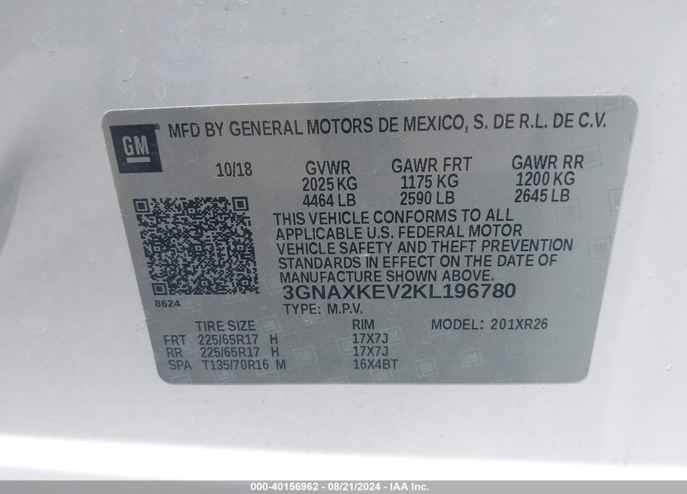 2019 CHEVROLET EQUINOX LT VIN: 3GNAXKEV2KL196780