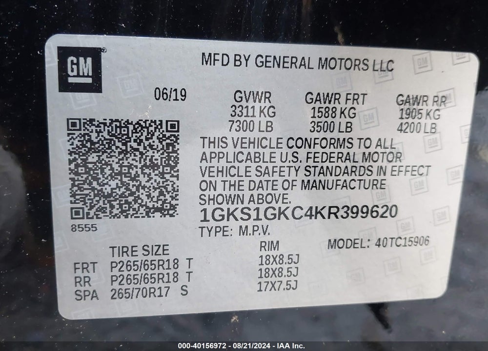 2019 GMC YUKON XL VIN: 1GKS1GKC4KR399620