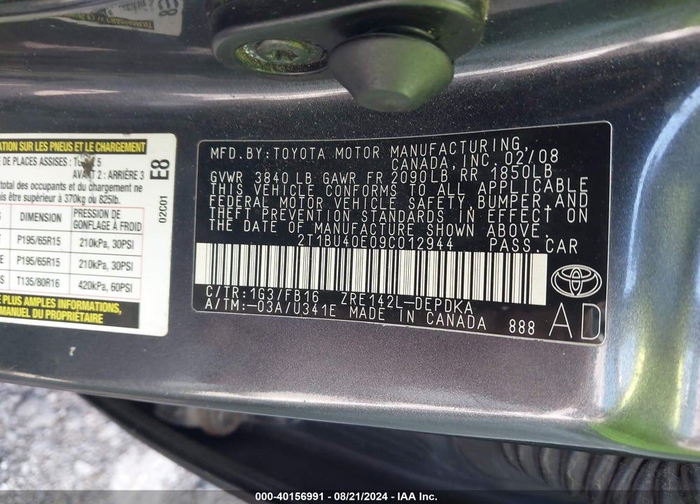 2009 TOYOTA COROLLA LE VIN: 2T1BU40E09C012944
