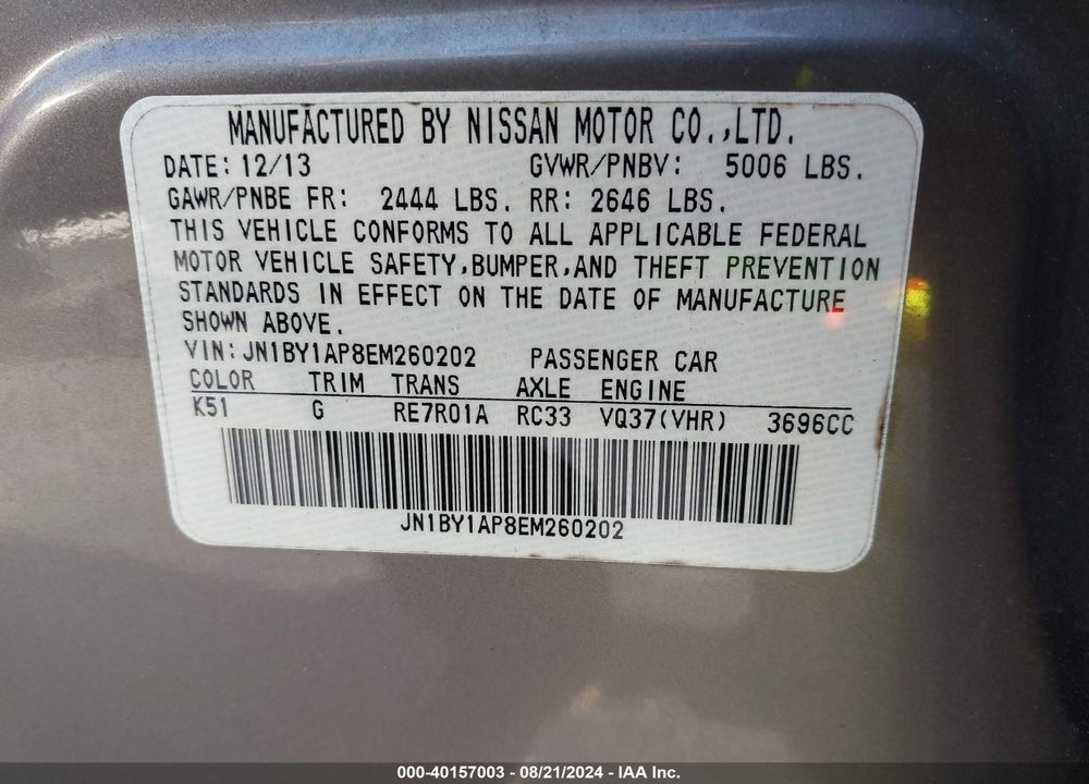 2014 INFINITI Q70 3.7 VIN: JN1BY1AP8EM260202